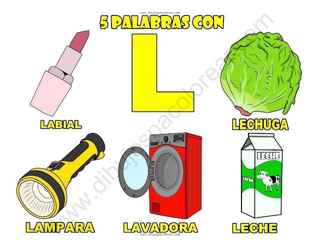 Cinco Palabras con la letra L dibujo a color y para colorear